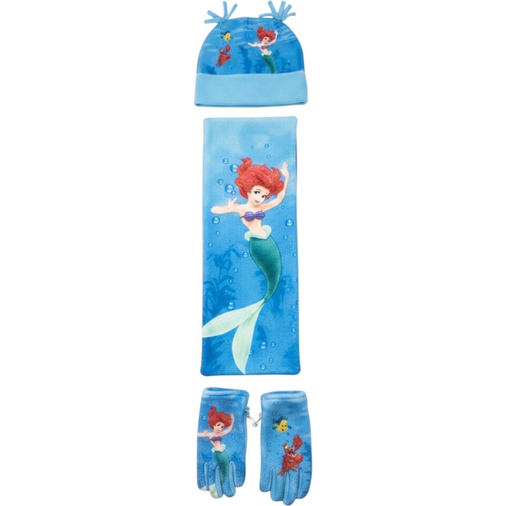Disney Store Little Mermaid Ariel Fleece Hat Scarf Gloves Set Blue Kids SM VTG